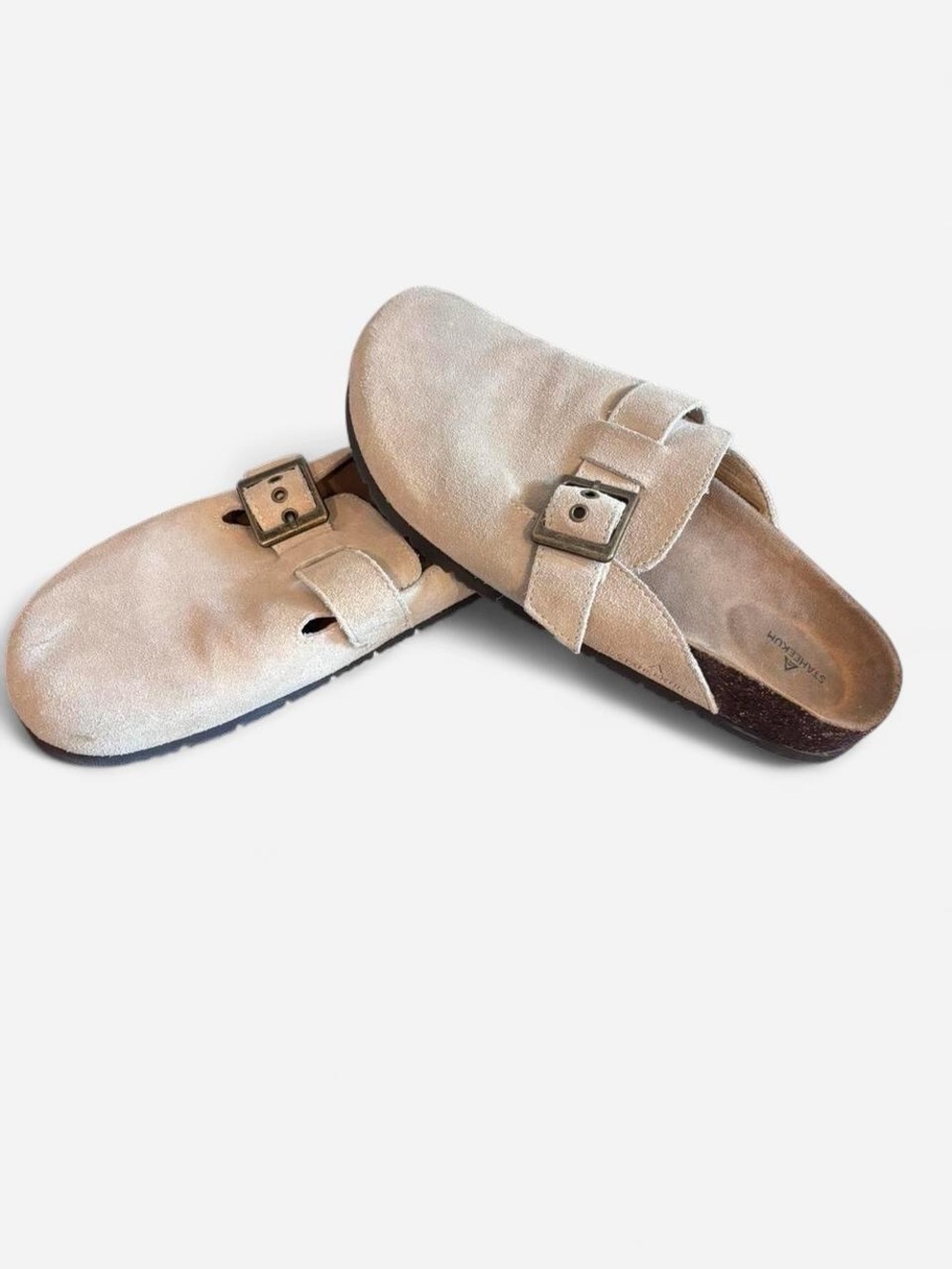 Suede Buckle Clog Mules in Light Beige